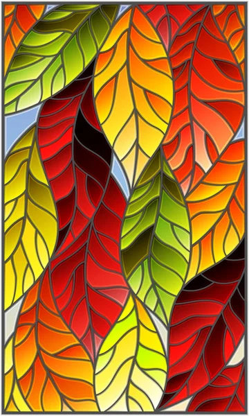 Illustration dans le style vitrail avec des feuilles colorées sur fond bleu — Image vectorielle