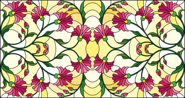 Ilustración en estilo vitral con flores abstractas de color rosa sobre fondo amarillo, orientación horizontal — Vector de stock