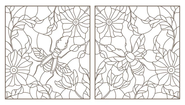 Set overzicht illustraties met insecten en bloemen, Rhino kever en bee, donkere contouren op witte achtergrond — Stockvector