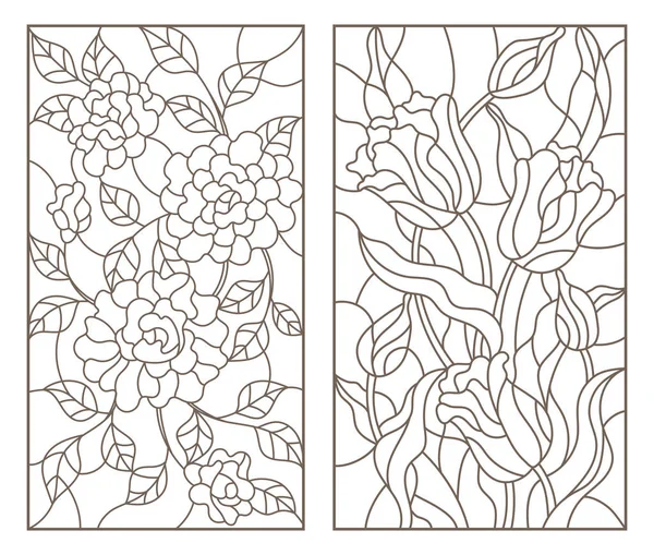 Set of contour stained glass illustrations with bouquets of flowers, roses and tulips, dark outlines on white background — Stock Vector