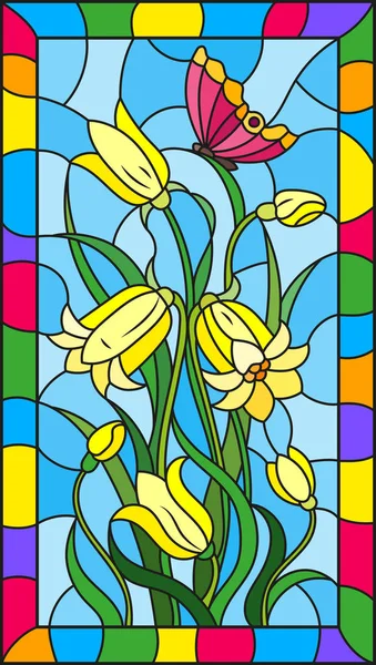 Vitray stil yaprakları ve çan çiçekleri, sarı çiçek ve kelebek parlak bir çerçeve içinde gökyüzü arka plan üzerinde resimde 