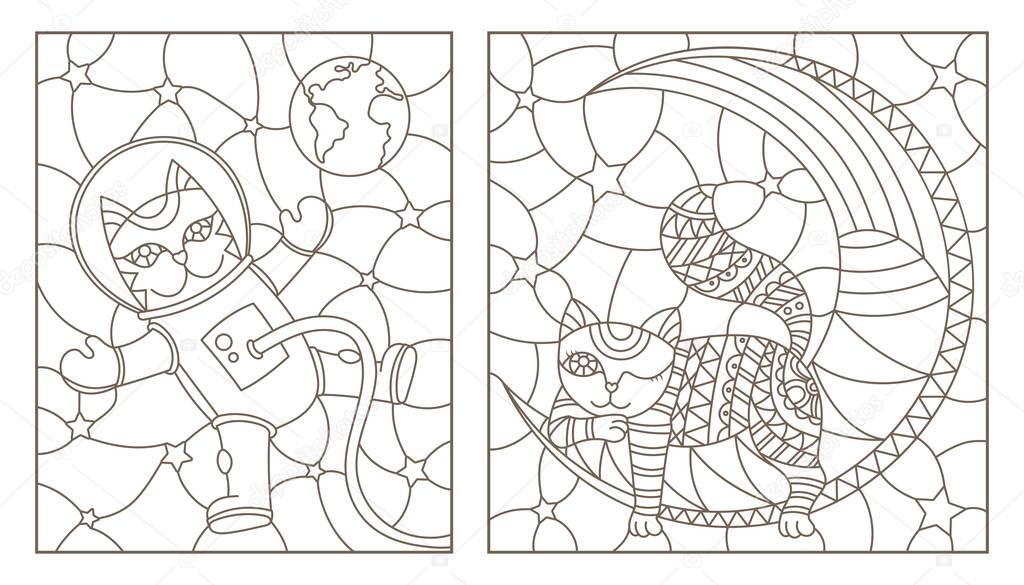 Set of contour stained glass illustrations with funny cats, cat astronaut and cat sleeping on the moon, dark contours on a white background