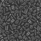 Картина, постер, плакат, фотообои "seamless pattern with outline icons on a theme kitchen accessories and food,white outline on a black background", артикул 192124502