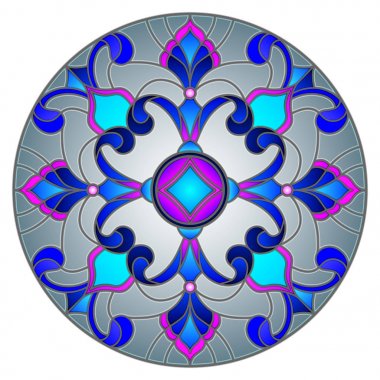 Vitray stil soyut çiçekli resimde bırakır ve swirls, gri arka plan üzerinde dairesel görüntü