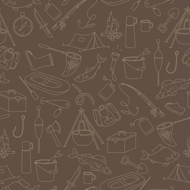 Balık tutma, bir basit çizilmiş bej anahat kahverengi bir arka plan üzerinde tema seamless modeli