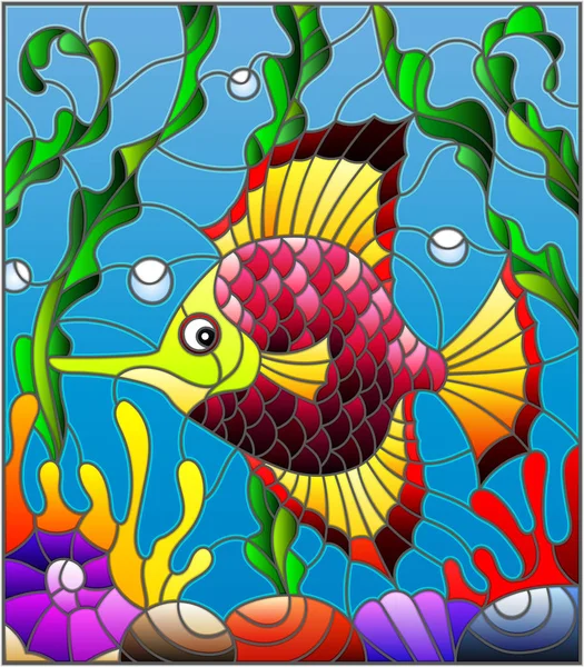 Иллюстрация в витражном стиле с абстрактной красочной экзотической рыбой среди морских водорослей, кораллов и раковин — стоковый вектор