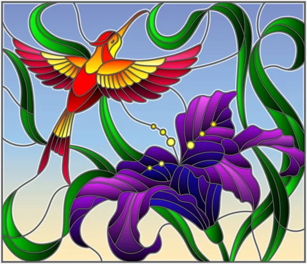 Ilustración en estilo vidriera con colibrí brillante contra el cielo, follaje y flor de lirio púrpura — Archivo Imágenes Vectoriales