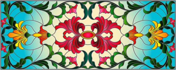 Illustration im Glasmalereistil mit abstrakten Wirbeln, Blumen und Blättern auf hellem Hintergrund, horizontale Ausrichtung — Stockvektor