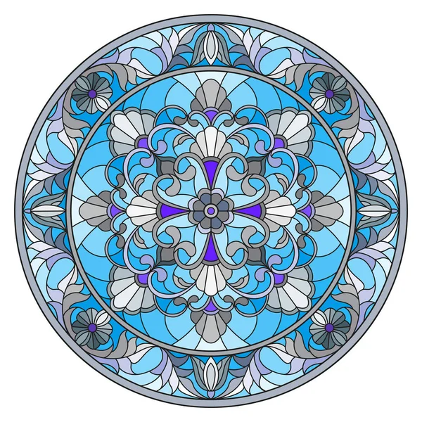 Ілюстрація у вітражному стилі, кругле дзеркальне зображення з квітковими орнаментами та завитками — стоковий вектор