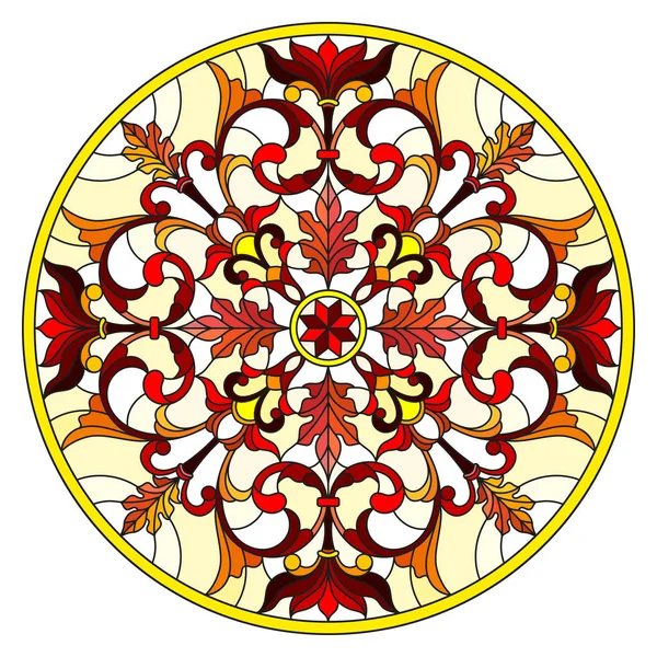 Ilustración en estilo vitral con flores abstractas, hojas y remolinos, imagen circular sobre fondo blanco — Vector de stock