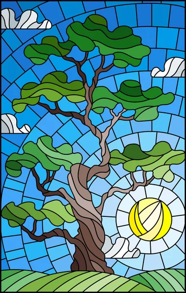 Illustration en vitrail avec arbre vert sur fond de ciel et soleil — Image vectorielle