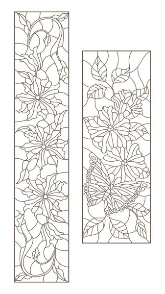 Meg a kontúr ólomüveg illusztrációk virágdísz és a pillangók, fehér háttéren sötét körvonalak vertikálisan orientált — Stock Vector