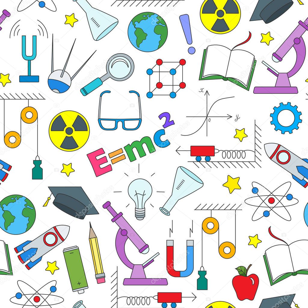Seamless pattern on the theme of the subject of physics education, simple colored icons on white background