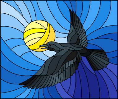 Çizimde vitray stil kuzgun arka planda gökyüzü ve güneş