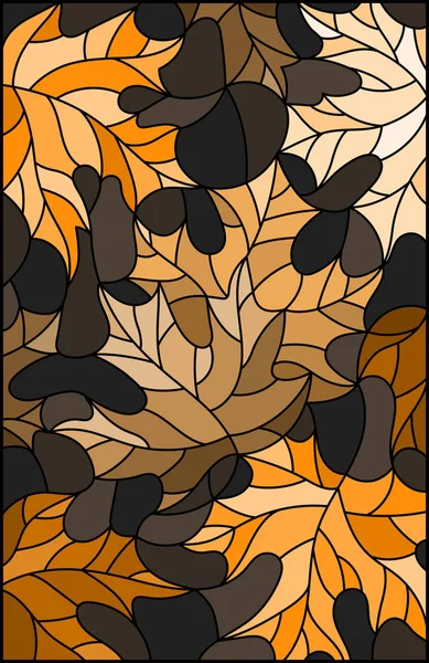 Illustration dans le style vitrail avec des feuilles brunes sur fond sombre — Image vectorielle