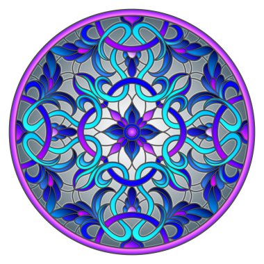 Vitray stil soyut çiçekli resimde bırakır ve swirls, gri arka plan üzerinde dairesel görüntü