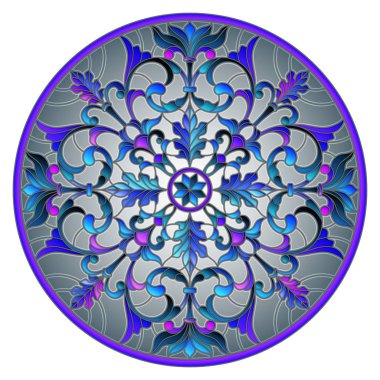 Vitray stil soyut çiçekli resimde bırakır ve swirls, gri arka plan üzerinde dairesel görüntü