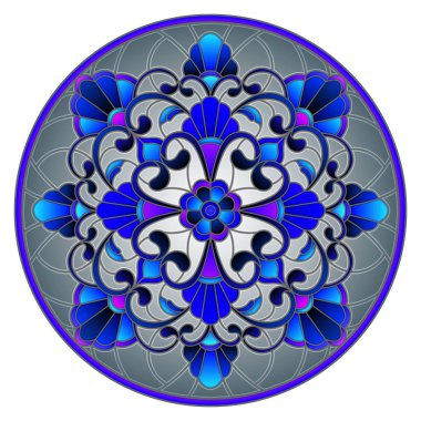 Vitray stil soyut çiçekli resimde bırakır ve swirls, gri arka plan üzerinde dairesel görüntü