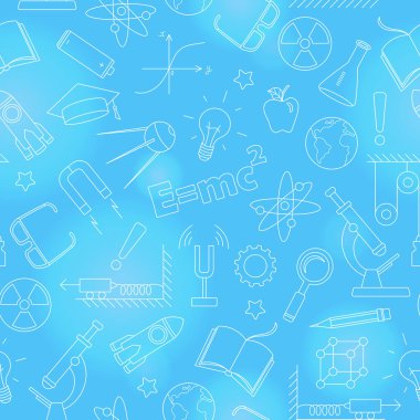 Fizik eğitimi, mavi arka plan basit beyaz kontur simgeleri konusu konulu seamless modeli