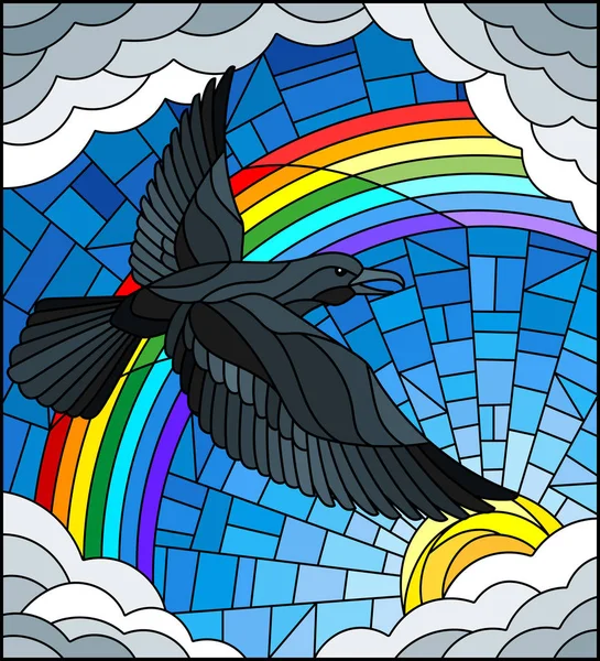 Illustrazione in stile vetrate con corvo sullo sfondo di cielo, sole, nuvole e arcobaleno — Vettoriale Stock