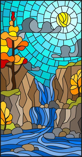 ステンドグラス風の風景のイラスト、滝、山、太陽と空、秋の風景の背景にある木 — ストックベクタ