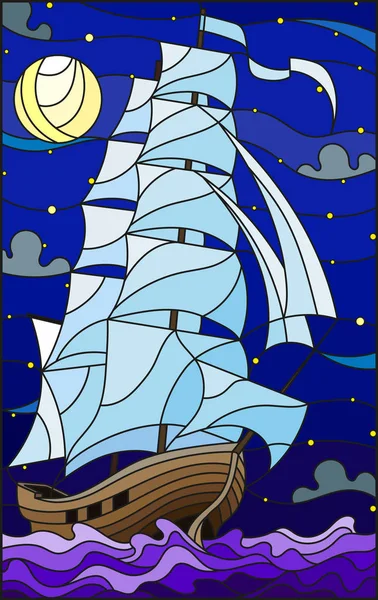 Ilustración en estilo vitral con un viejo barco navegando con velas blancas contra el mar, luna y cielo estrellado, paisaje marino — Vector de stock