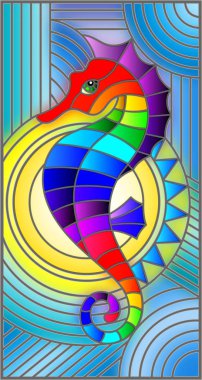 Vitray style muhteşem soyut balık deniz atı ile gökkuşağı balık mavi zemin üzerine çizimde