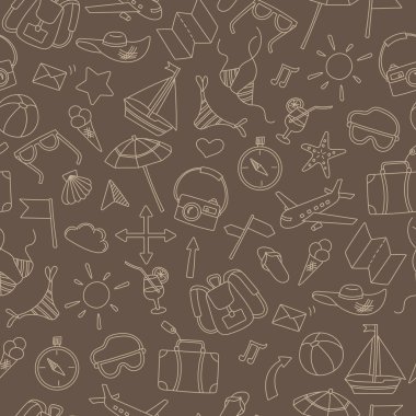 Yaz ve tatil, kahverengi bir arka plan üzerinde bej anahat tema üzerinde çizilmiş basit simgelerle sorunsuz arka plan