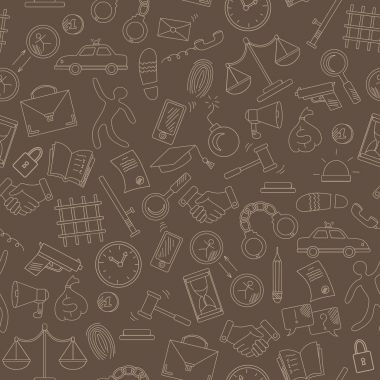 El ile Seamless Modeli hukuk ve suçları, kahverengi bir arka plan üzerinde bej anahat temalı simgeleri çizilmiş