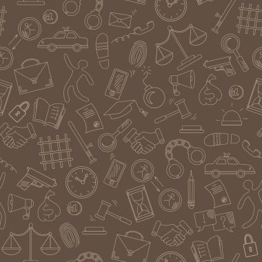 Seamless pattern with hand drawn icons on the theme of law and crimes, beige outline on a brown background clipart
