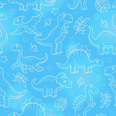 Dinozorlar ve yaprakları, konturlu hayvanlar üzerinde mavi arka plan ile Seamless Modeli