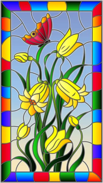 Ilustración en estilo vitral con hojas y campanas flores, flores amarillas y mariposa sobre fondo celeste en un marco brillante — Vector de stock