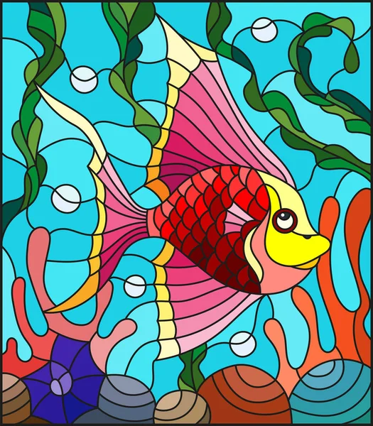 İllüstrasyon soyut renkli egzotik balık deniz yosunu, mercan ve kabukları ile vitray tarzında — Stok Vektör