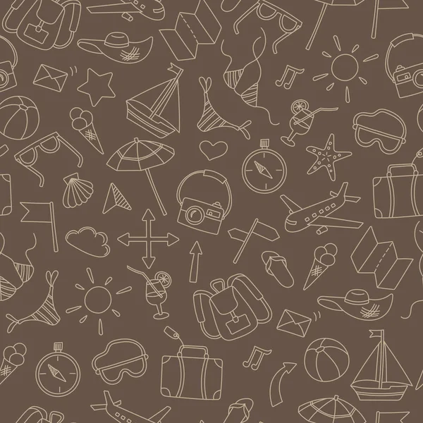 Бесшовный фон с простыми ручными иконками на тему лета и отдыха, бежевый контур на коричневом фоне — стоковый вектор
