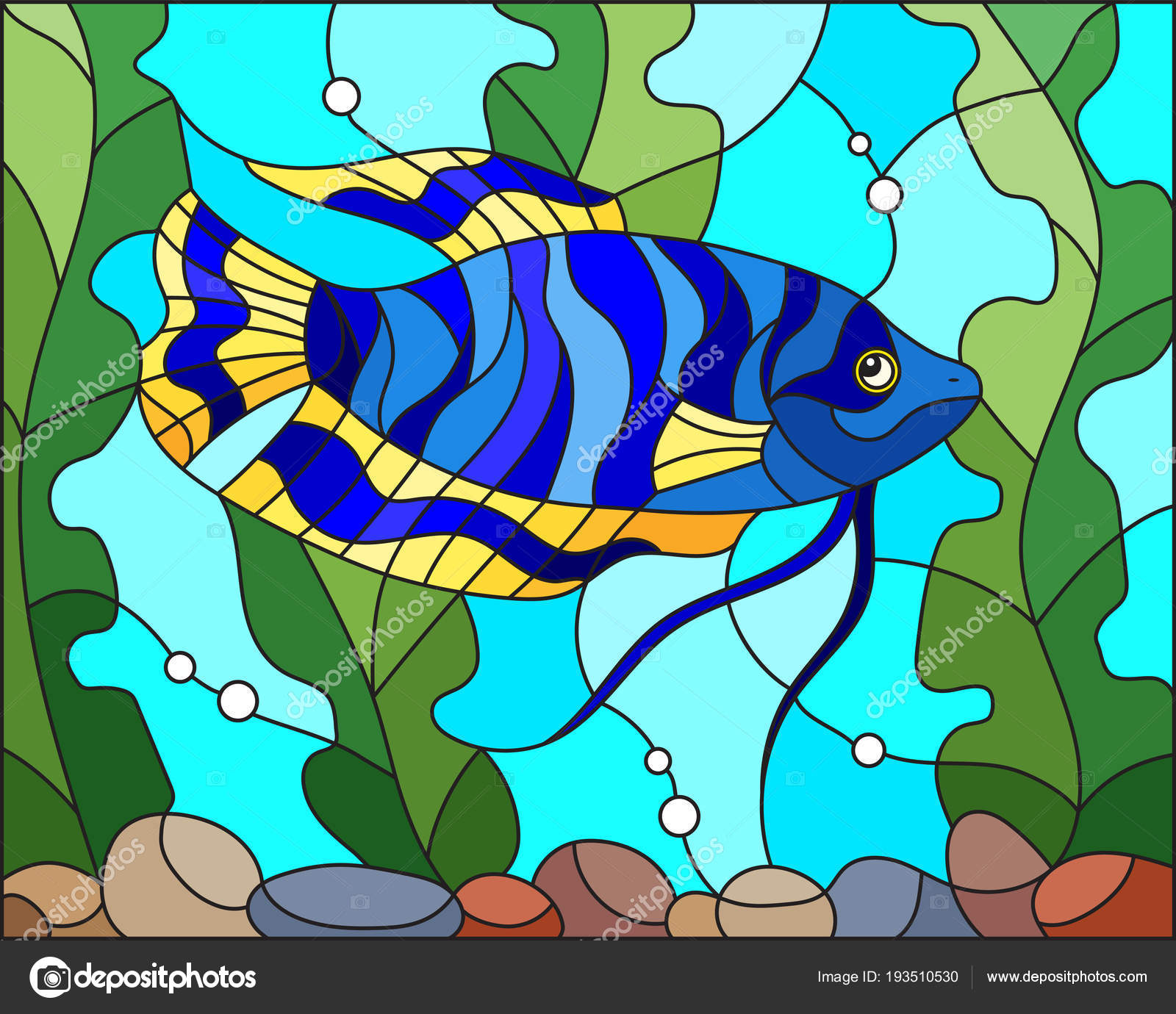 水と藻類の背景にステンド グラス スタイル青魚のイラスト ストックベクター C Zagory