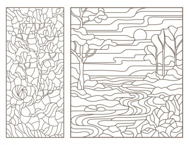 Vitray Windows manzarası, nehir ve yalnız ağaç, beyaz zemin üzerine koyu ana hatları ile anahat çizimleri set