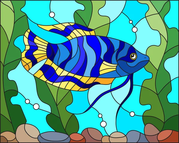 Illustration in stained glass style blue  fish  on the background of water and algae — Stock Vector