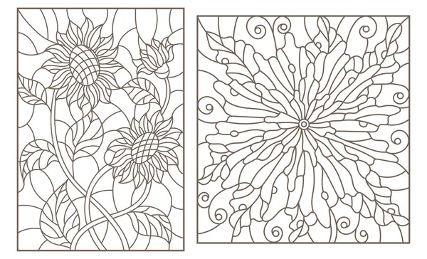 Conjunto de ilustraciones de vitrales de contorno con flores, girasoles y flores abstractas, contornos oscuros sobre fondo blanco — Vector de stock