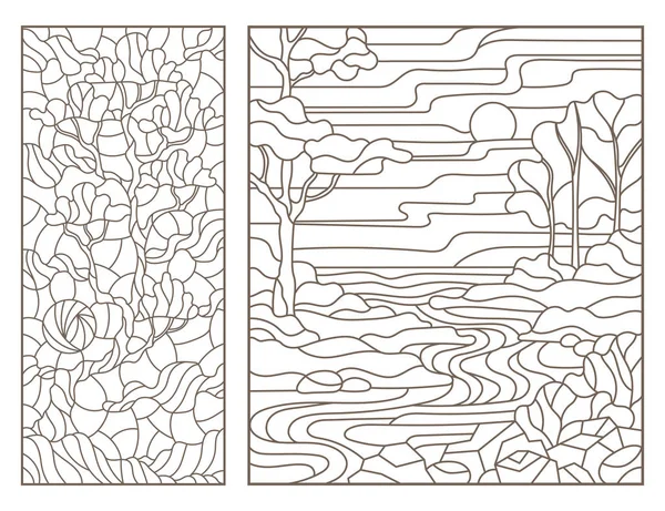 Conjunto de ilustraciones del contorno de vidrieras con paisaje, río y árbol solitario, contornos oscuros sobre fondo blanco — Vector de stock