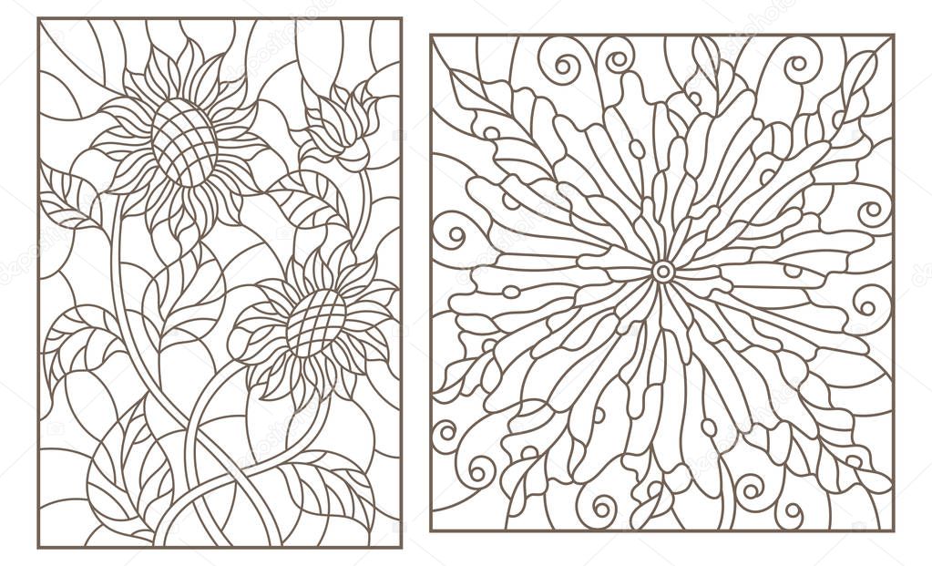 Set of contour stained glass illustrations with flowers, sunflowers and abstract flower, dark outlines on white background