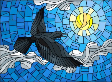 Vitray tarzı resimde raven gökyüzü, güneşin ve bulutların arka plan üzerinde