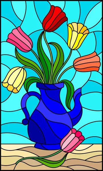插图在彩绘玻璃样式与静物, 蓝色水罐与五颜六色的郁金香 — 图库矢量图片