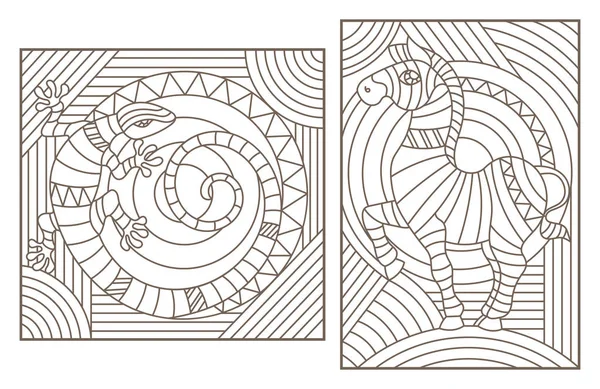 一套轮廓插图与抽象动物, 斑马和蜥蜴, 黑暗的轮廓在光背景 — 图库矢量图片