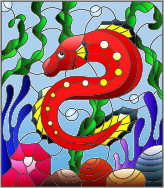 Εικονογράφηση στο λεκιασμένο γυαλί στυλ με αφηρημένα πολύχρωμα εξωτικά ψάρια κόκκινο ανάμεσα στα φύκια, κοράλλια και κοχύλια — Διανυσματικό Αρχείο