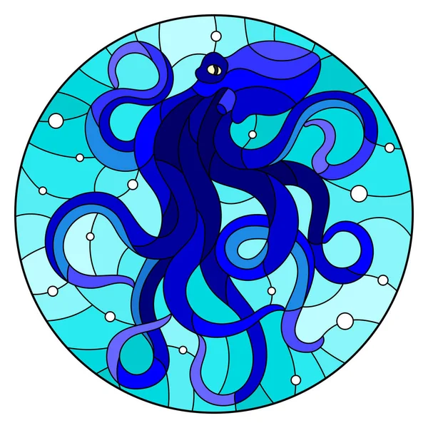 Illustration i målat glas stil med abstrakta blå bläckfisk mot ett blått hav och bubblor, runda bild — Stock vektor