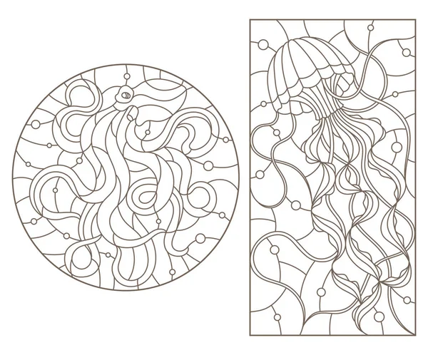 带水母和章鱼的彩色玻璃窗的轮廓图, 白色背景上的暗轮廓 — 图库矢量图片
