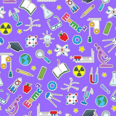 Fizik eğitimi, sade renkli yama simgeler mor zemin üzerine konu konulu seamless modeli