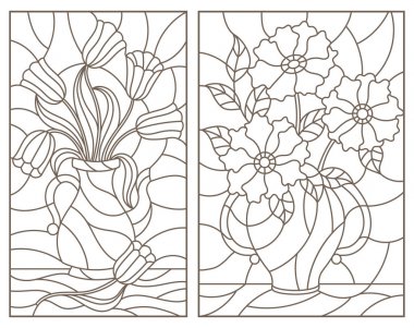 Kontur vitray resimler, vazolar, beyaz bir arka plan üzerinde koyu kontür Çiçek demetleri kümesi