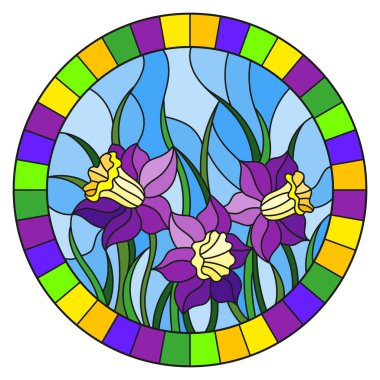 Vitray tarzı bir buket ile çizimde mor ve sarı nergis parlak çerçeve içinde mavi bir arka plan üzerinde yuvarlak görüntü