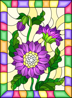 Üç parlak mor çiçekler, vitray stiliyle çizimde tomurcukları ve bir çerçeve içinde sarı bir arka plan üzerinde bırakır